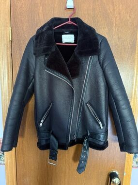 Zara Black Faux Fur Jacket With Buckles